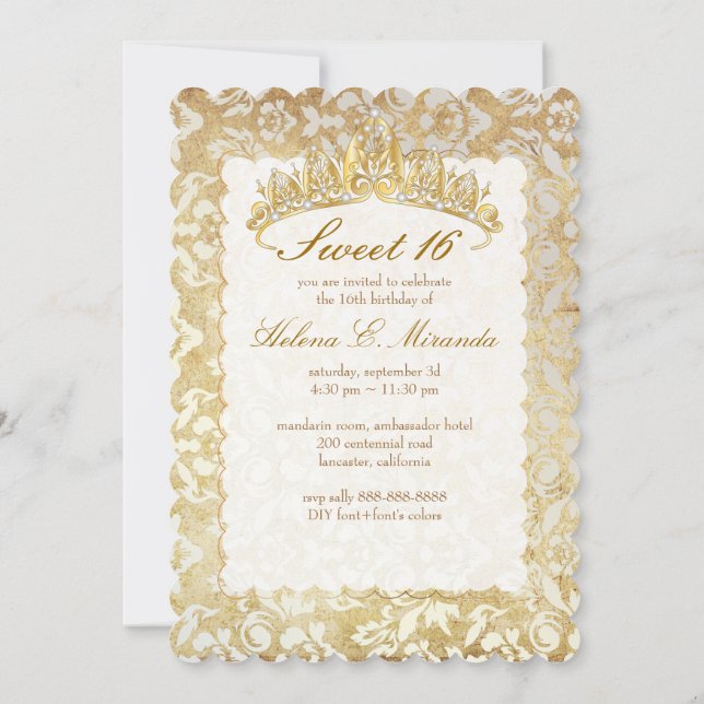 PixDezines vintage Sweet 16/ princess/pearl damask Invitation (Back)