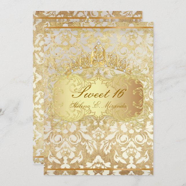 PixDezines vintage Sweet 16/ princess/pearl damask Invitation (Front/Back)