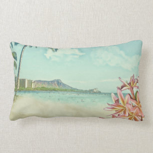 PixDezines vintage waikiki beach/diamond head Lumbar Cushion