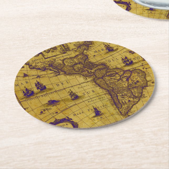 PixDezines Vintage World Map Round Paper Coaster (Angled)