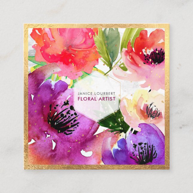PixDezines WATER ROSE/FLORAL WATERCOLOR Square Business Card (Front)
