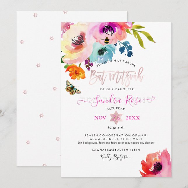 PixDezines Water Roses Watercolor Bat Mitzvah Invitation (Front/Back)