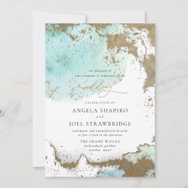 PixDezines Watercolor Abstract Ocean Gold Seafoam  Invitation (Front)