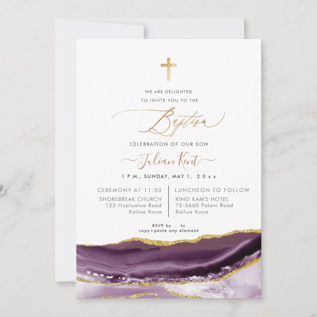 PixDezines Watercolor Agate Aubergine Gold Baptism Invitation (Front)
