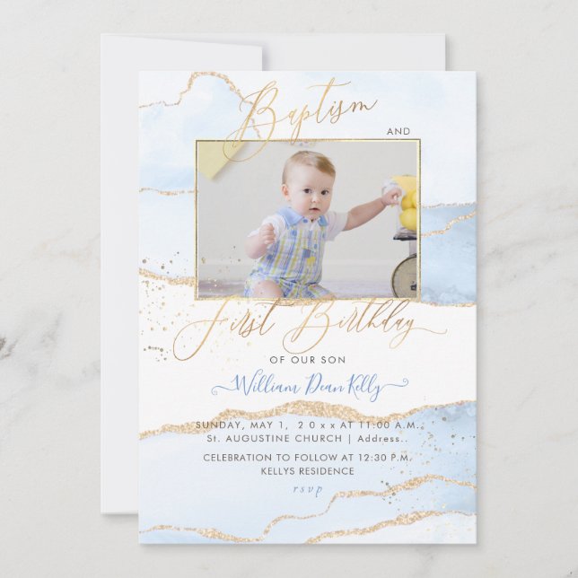 PixDezines Watercolor Agate Baptism 1st Birthday Invitation (Front)