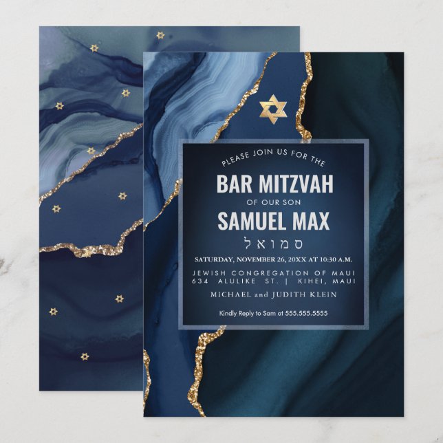 PixDezines Watercolor Agate Slate Blue Mitzvah Invitation (Front/Back)