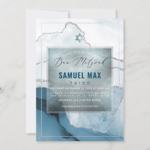 PixDezines Watercolor Agate Teal Blue Bar Mitzvah Invitation