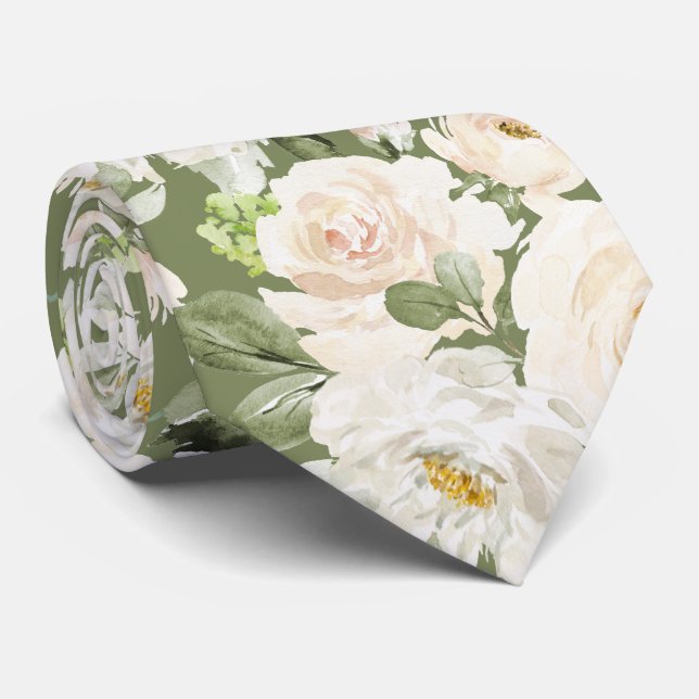PixDezines Watercolor Alabaster Cream Roses Tie (Rolled)