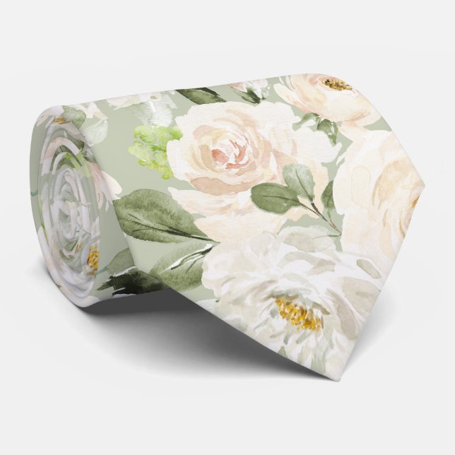 PixDezines Watercolor Alabaster Cream Roses Tie (Rolled)