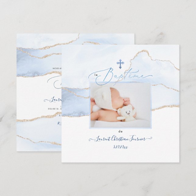 PixDezines Watercolor Bleue Agate, Baptême garçon Invitation (Front/Back)