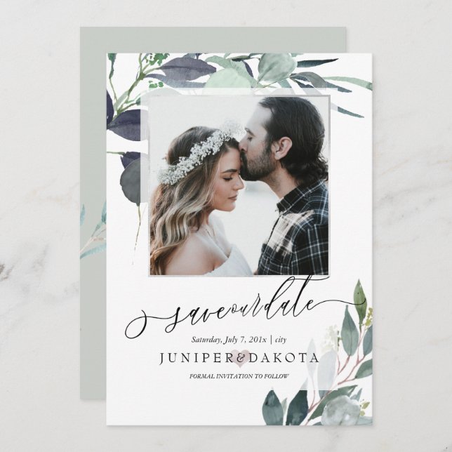 PixDezines Watercolor Blue Gum Eucalyptus Photo Invitation (Front/Back)