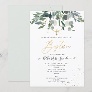 PixDezines Watercolor Blue Gum Greenery  Baptism Invitation