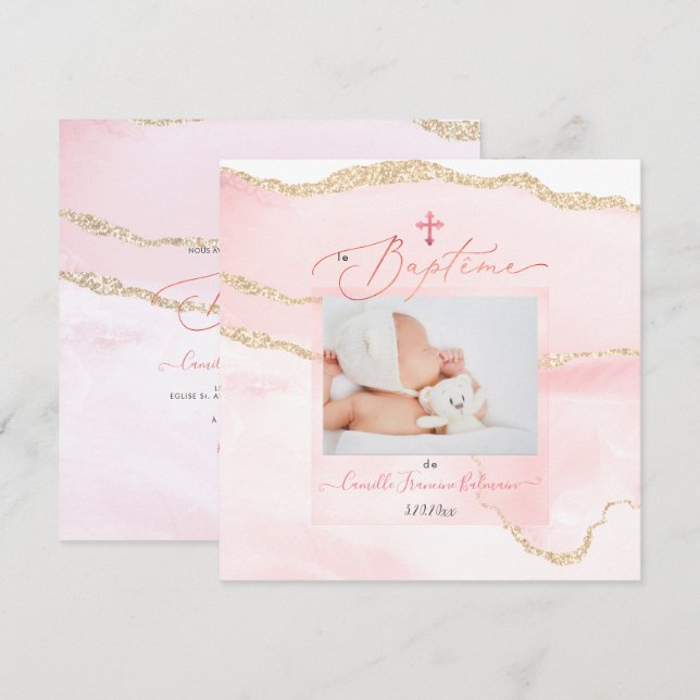 PixDezines Watercolor Blush Agate, Baptême Fille Invitation (Front/Back)