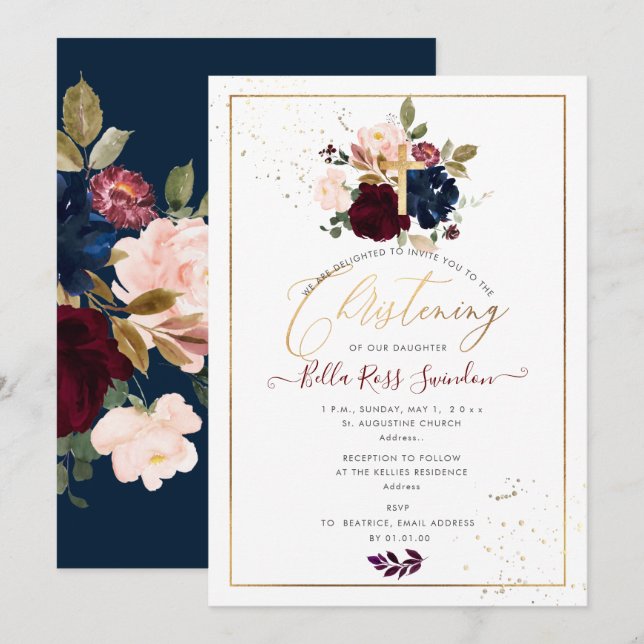 PixDezines Watercolor Blush+Burgundy Flowers Invitation (Front/Back)