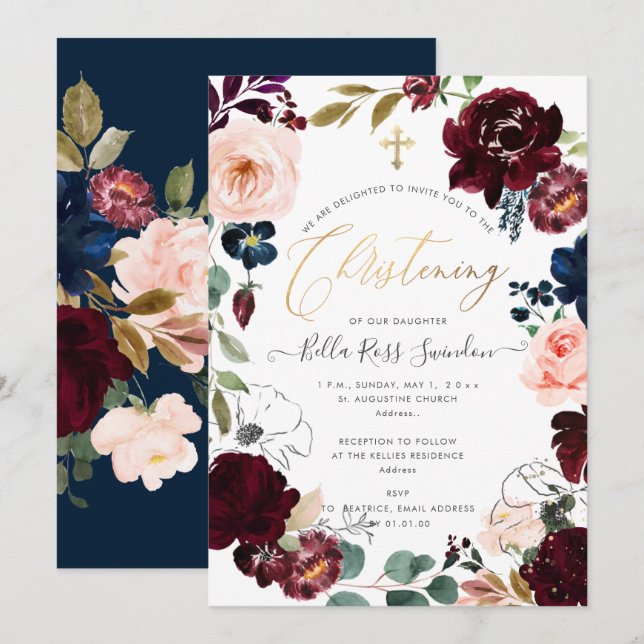 PixDezines Watercolor Blush+Burgundy Wreath Invitation (Front/Back)
