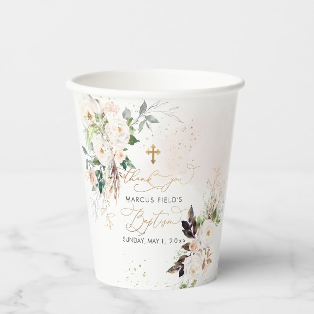 PixDezines watercolor blush pink roses Baptism Paper Cups (Front)