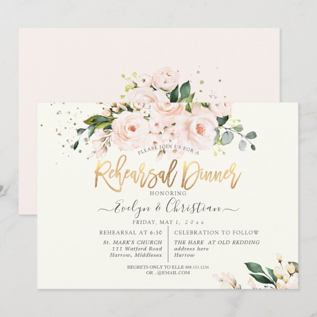 PixDezines Watercolor Blush Roses Rehearsal Dinner Invitation (Front/Back)