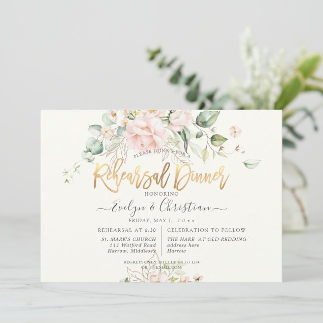 PixDezines Watercolor Blush Roses Rehearsal Dinner Invitation (Standing Front)