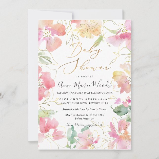PixDezines Watercolor Blush Sweet Peas Baby Shower Invitation (Front)