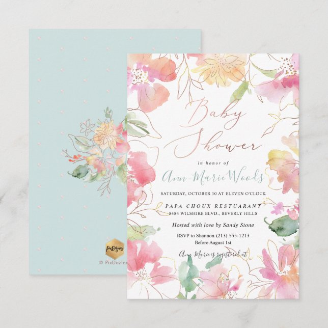 PixDezines Watercolor Blush Sweet Peas Baby Shower Invitation (Front/Back)