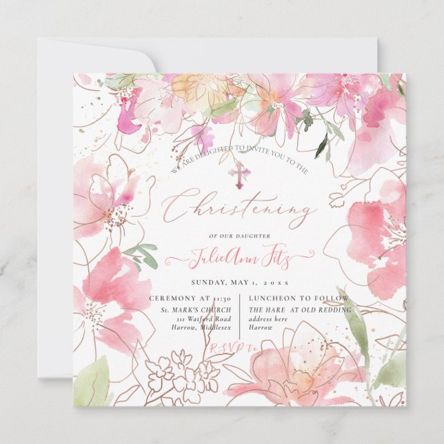 PixDezines Watercolor Blush Sweet Peas Christening Invitation (Front)
