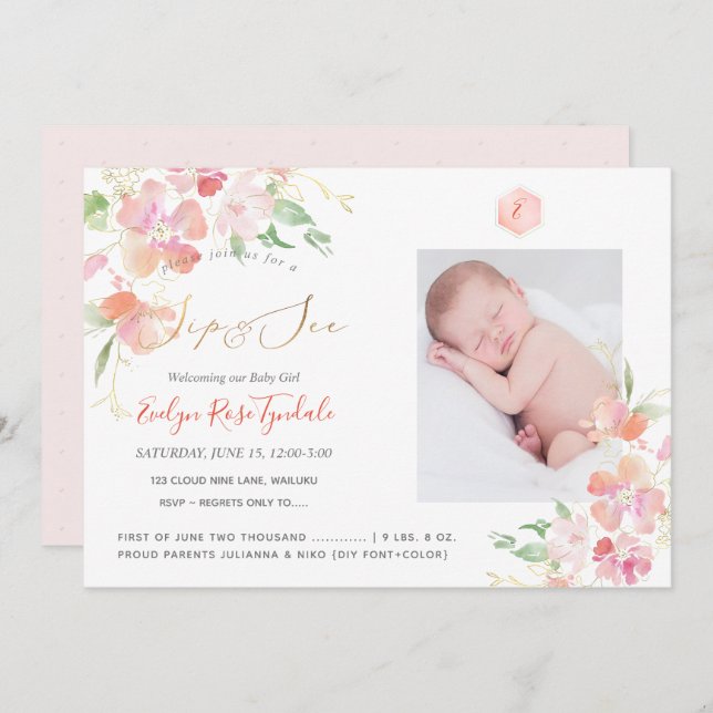 PixDezines Watercolor Blush Sweet Peas Sip+See Invitation (Front/Back)