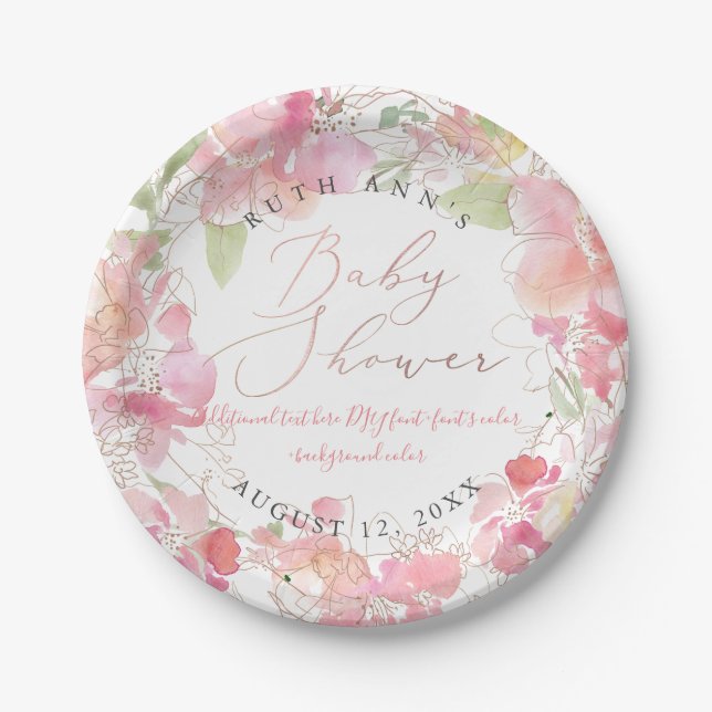 PixDezines Watercolor Blush Sweetpea Baby Shower Paper Plate (Front)