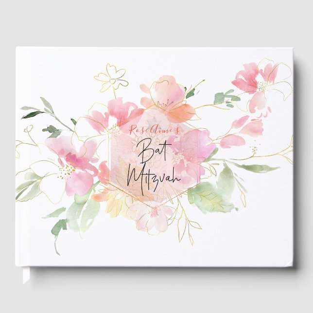 PixDezines Watercolor Blush Sweetpea Bat Mitzvah Guest Book (Front)