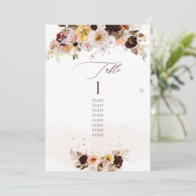 PixDezines Watercolor Boho Flowers Table No. Invitation (Standing Front)