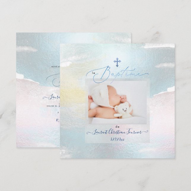 PixDezines Watercolor Brush Stroke, Baptême garçon Invitation (Front/Back)