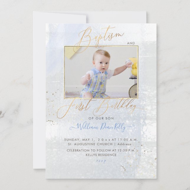 PixDezines Watercolor Brushed Baptism 1st Birthday Invitation (Front)