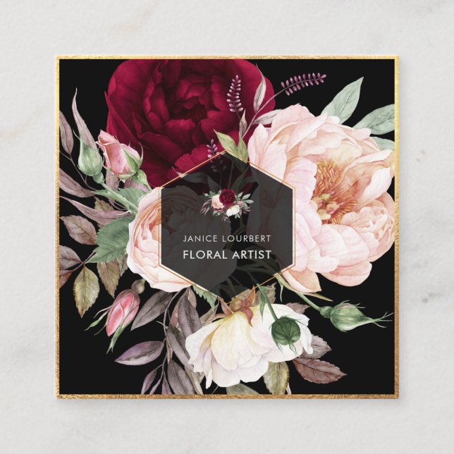 PixDezines Watercolor Burgundy Peonies Square Business Card (Front)