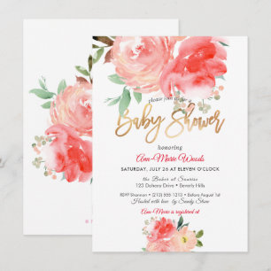 PixDezines Watercolor Coral Peonies Baby Shower Invitation