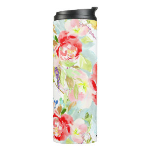 PIXDEZINES WATERCOLOR CORAL PEONIES THERMAL TUMBLER