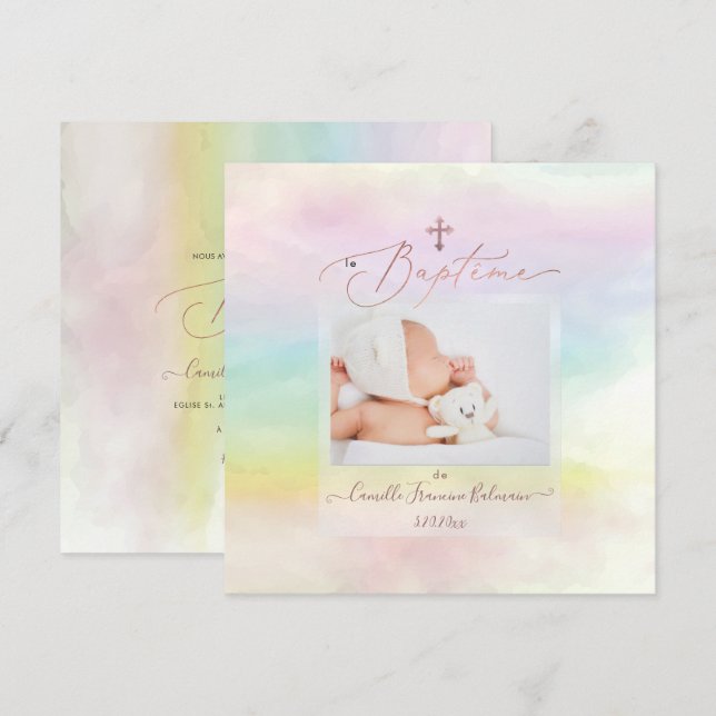 PixDezines Watercolor Cotton Candy, Baptême Fille Invitation (Front/Back)