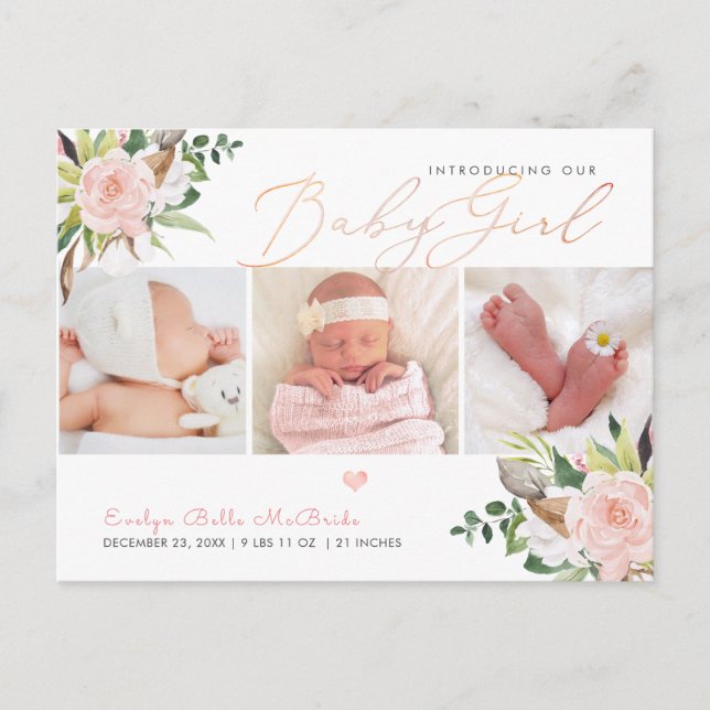 PixDezines Watercolor Cotton+Roses, Girl Birth Postcard (Front)