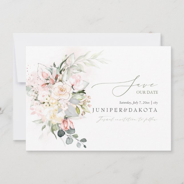 PixDezines Watercolor Cream Blush Roses Save The Date (Front)