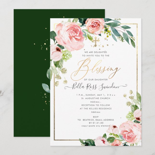 PixDezines Watercolor Delicate Blush Bloom Baptism Invitation (Front/Back)