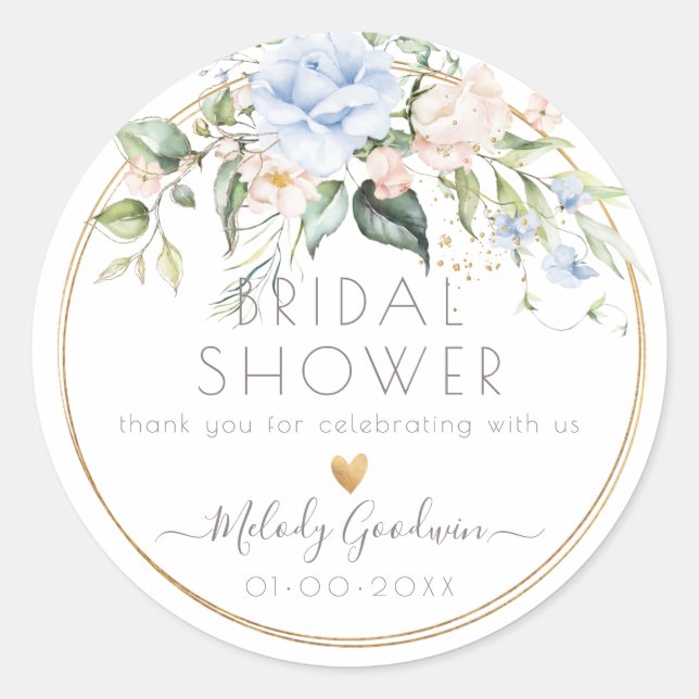 PixDezines Watercolor Dusty Blue+Blush Roses Classic Round Sticker (Front)