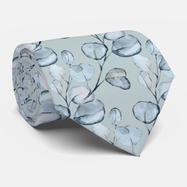 PixDezines Watercolor Dusty Blue Gum Eucalyptus Tie (Rolled)