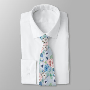 PixDezines Watercolor Dusty Blue Rose Peonies Neck Tie