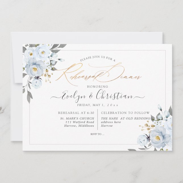 PixDezines Watercolor Dusty Blue Roses Invitation (Front)