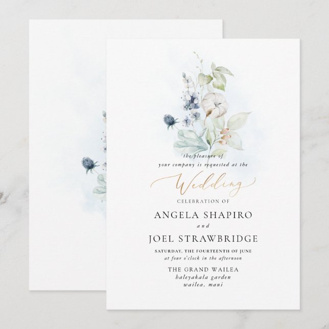  PixDezines Watercolor Dusty Blue Winter Cotton Invitation (Front/Back)