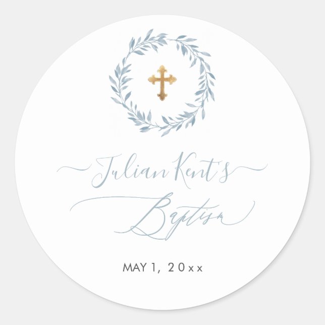 PixDezines Watercolor Dusty Blue Wreath Invitation Classic Round Sticker (Front)