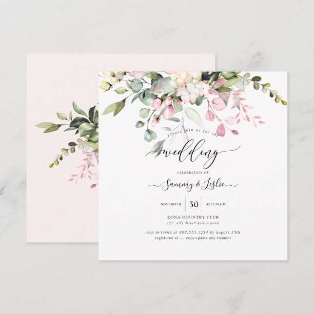 PixDezines Watercolor Dusty Blush Pink Eucalyptus Invitation (Front/Back)