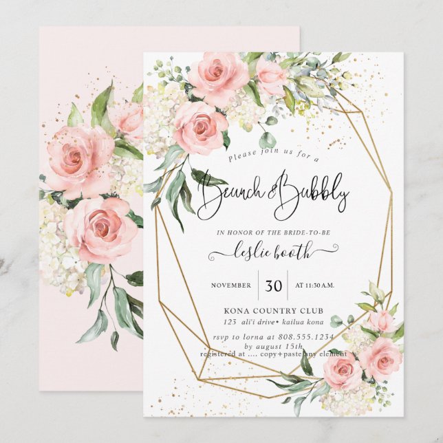 PixDezines Watercolor Dusty Rose Brunch+Bubbly Invitation (Front/Back)
