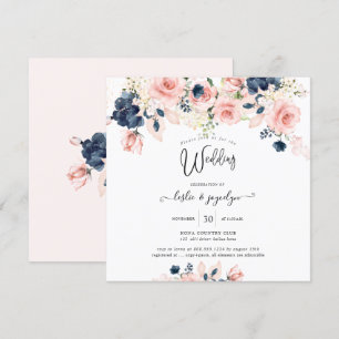 PixDezines Watercolor Dusty Rose Navy Blue Wedding Invitation
