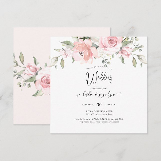 PixDezines Watercolor Dusty Rose Wedding Invitation (Front/Back)