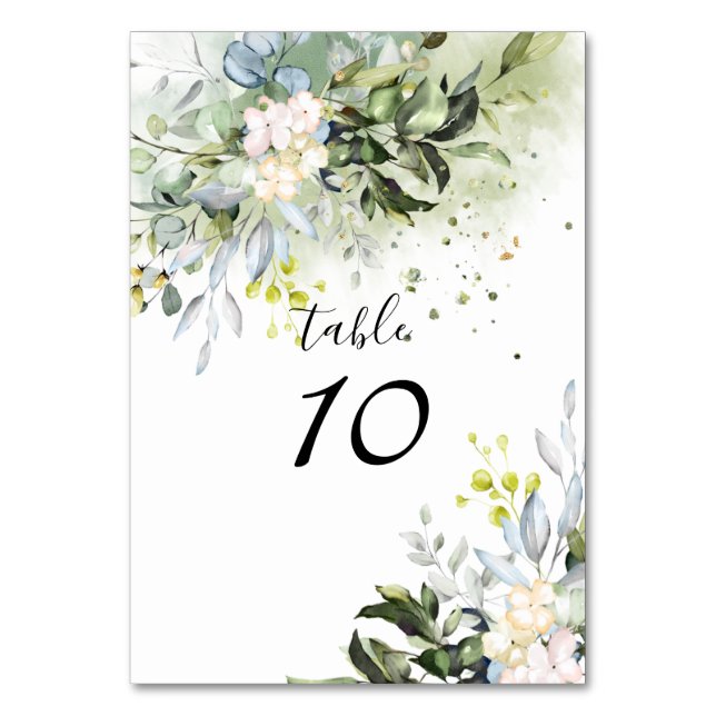 PixDezines Watercolor Elegant Blue Gum Eucalyptus Table Number (Front)