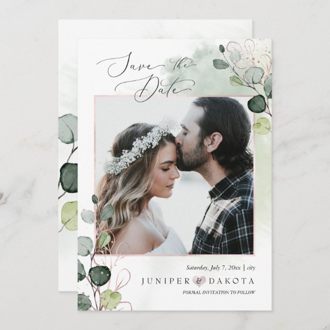 PixDezines Watercolor Eucalyptus Photo Save Date Invitation (Front/Back)